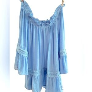 Light blue off the shoulder w/bell sleeves & embroidery on sleeve/above hem